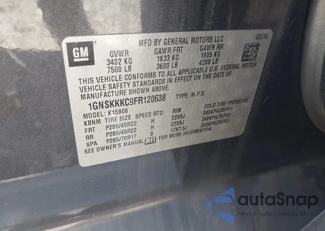 2015 Chevrolet Suburban 1500 Ltz из США, поврежденный, VIN 1GNSKKKC9FR120638